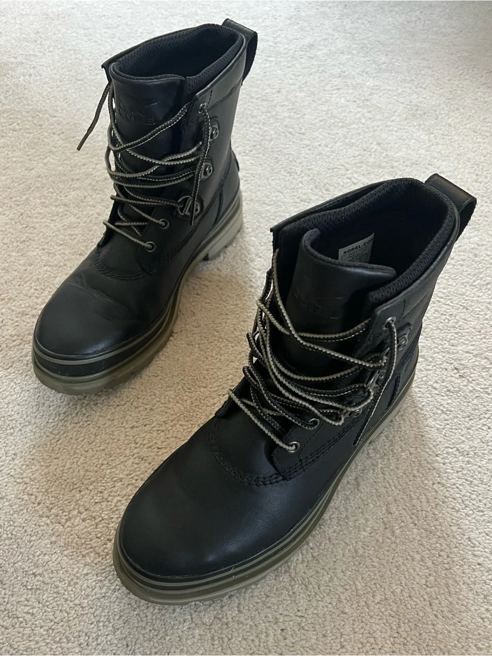 Sorel Lennox Street Black Leather Lace-Up Winter Boots with Sage Sole